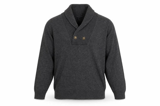 Front view of River Island Men's Grey Cotton Shawl Collar Button Jumper, size M