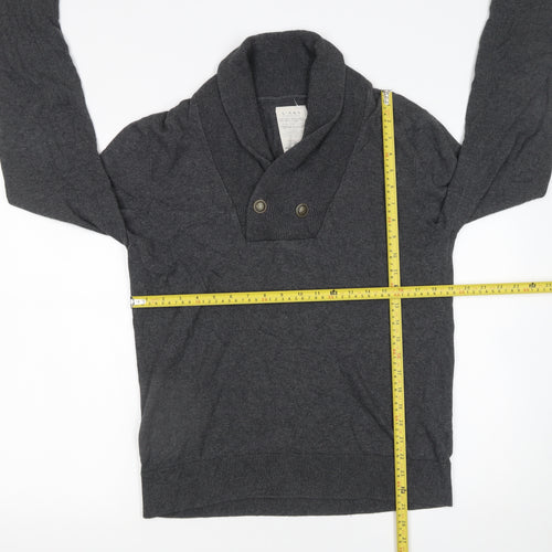 River Island Men's Grey Cotton Shawl Collar Button Jumper Size M