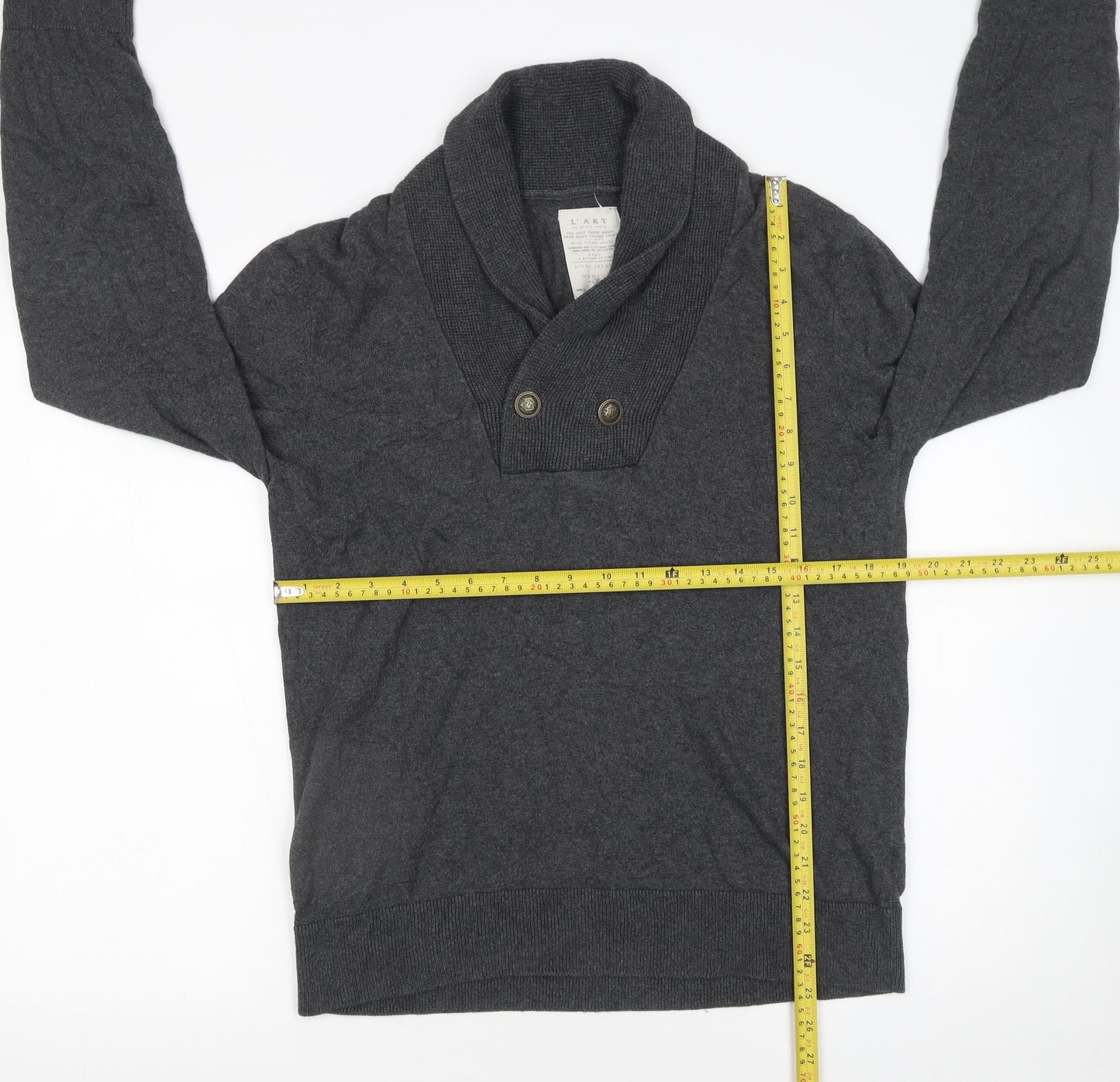 River Island Men's Grey Cotton Shawl Collar Button Jumper Size M