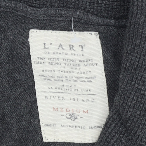 River Island Men's Grey Cotton Shawl Collar Button Jumper Size M