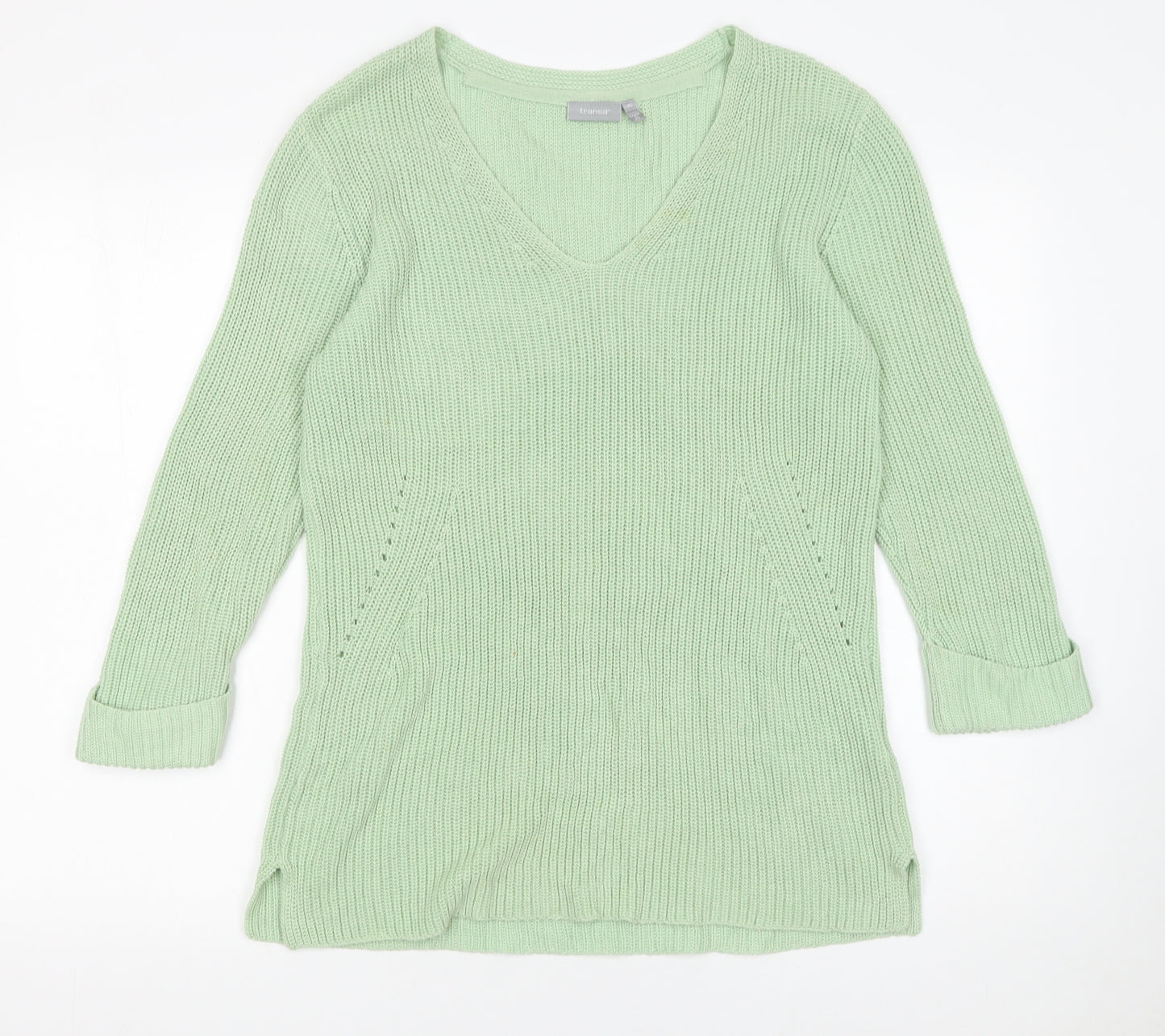 Fransa Women’s Green Chunky Knit V-Neck Pullover Jumper XS
