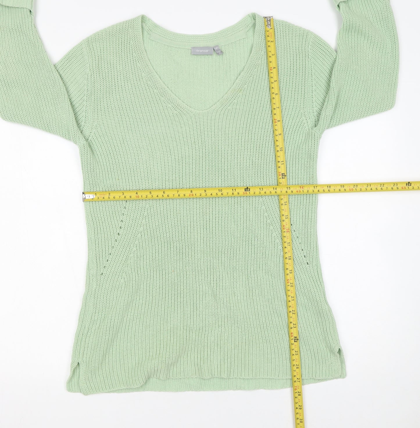 Fransa Women’s Green Chunky Knit V-Neck Pullover Jumper XS