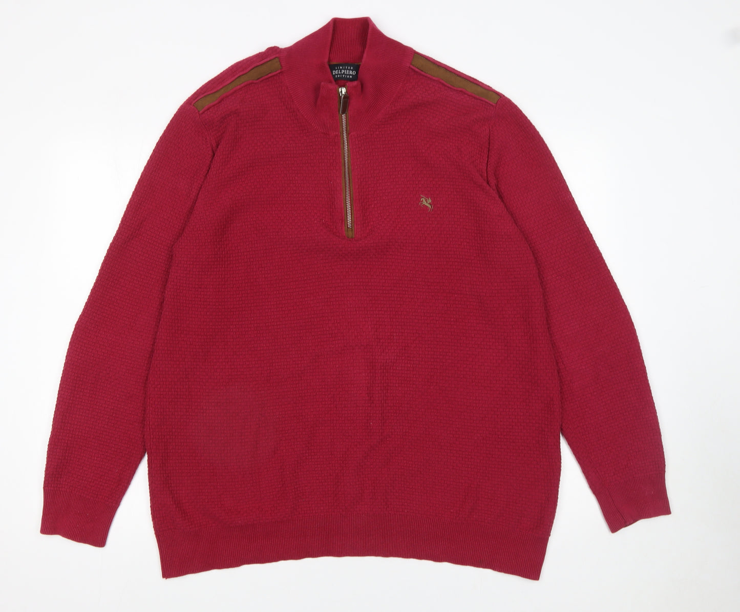 Delpiero Men’s Red 3XL 1/2 Zip Waffle-Knit Cotton Jumper