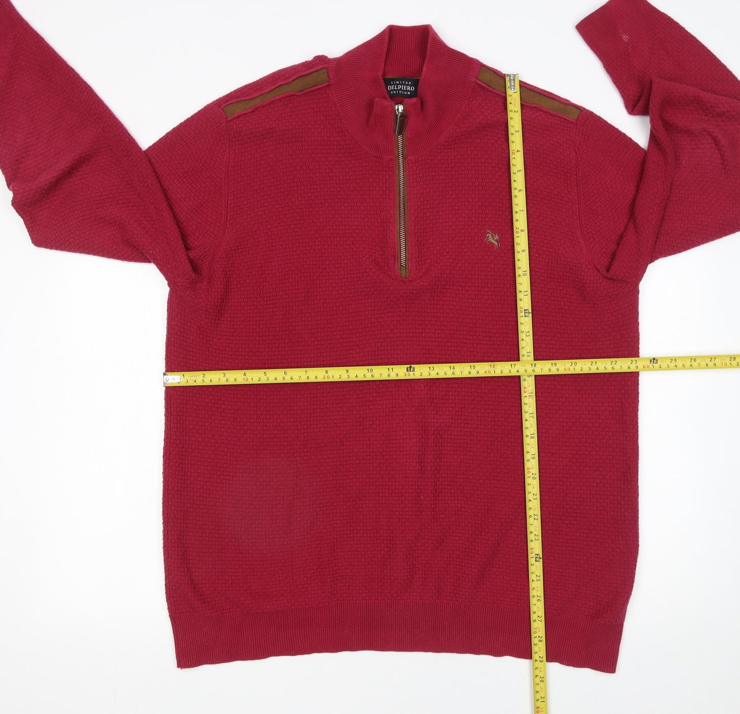 Delpiero Men’s Red 3XL 1/2 Zip Waffle-Knit Cotton Jumper