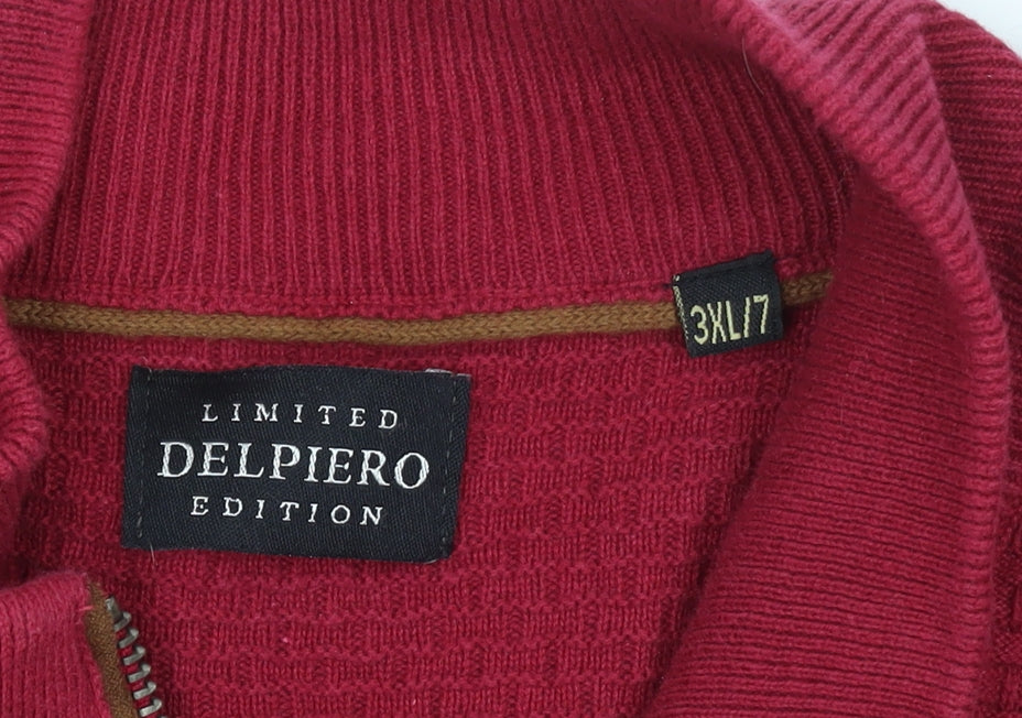 Delpiero Men’s Red 3XL 1/2 Zip Waffle-Knit Cotton Jumper