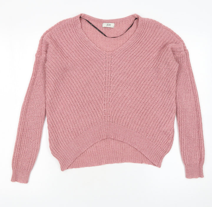 JDY Women's Pink V-Neck Chunky Knit Pullover Jumper Size S