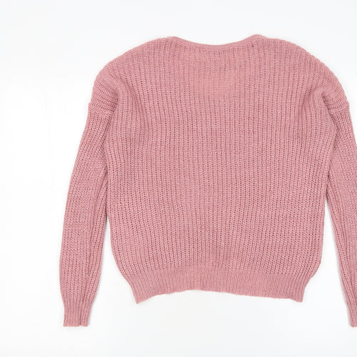 JDY Women's Pink V-Neck Chunky Knit Pullover Jumper Size S