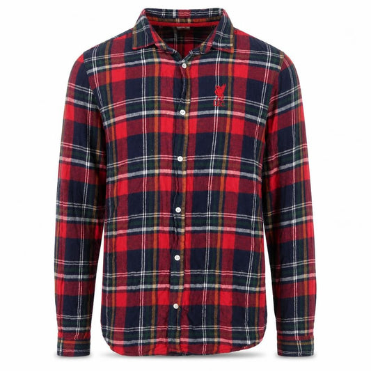 Front view of LFC men’s red blue flannel plaid long sleeve button-up shirt, size L