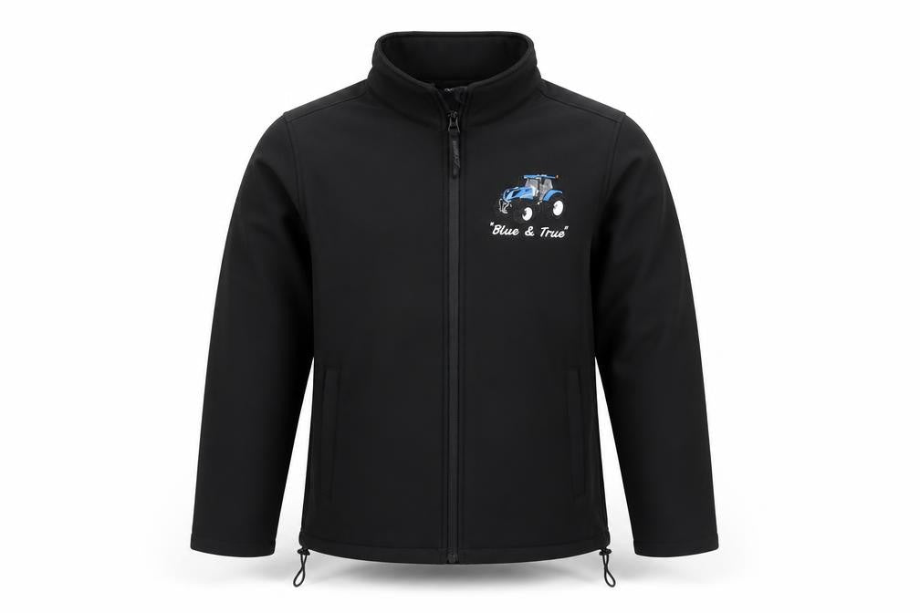 Front view of IMPACT boys’ black soft shell jacket 13-14 years embroidered tractor zip up