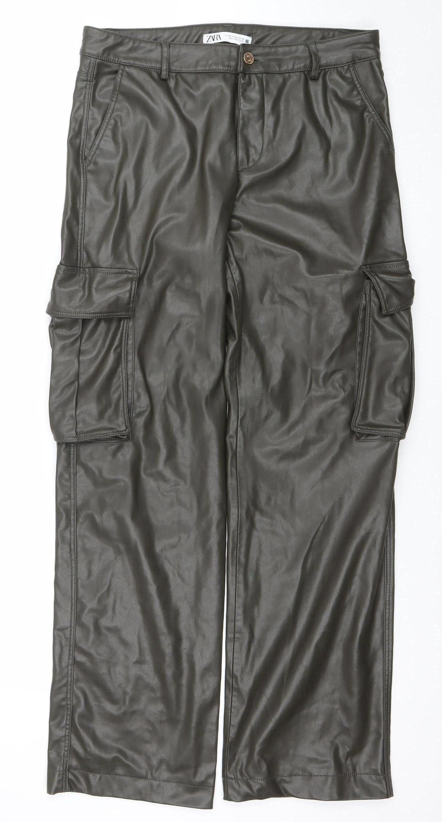 Zara Women Brown Faux Leather Cargo Trousers Size 12