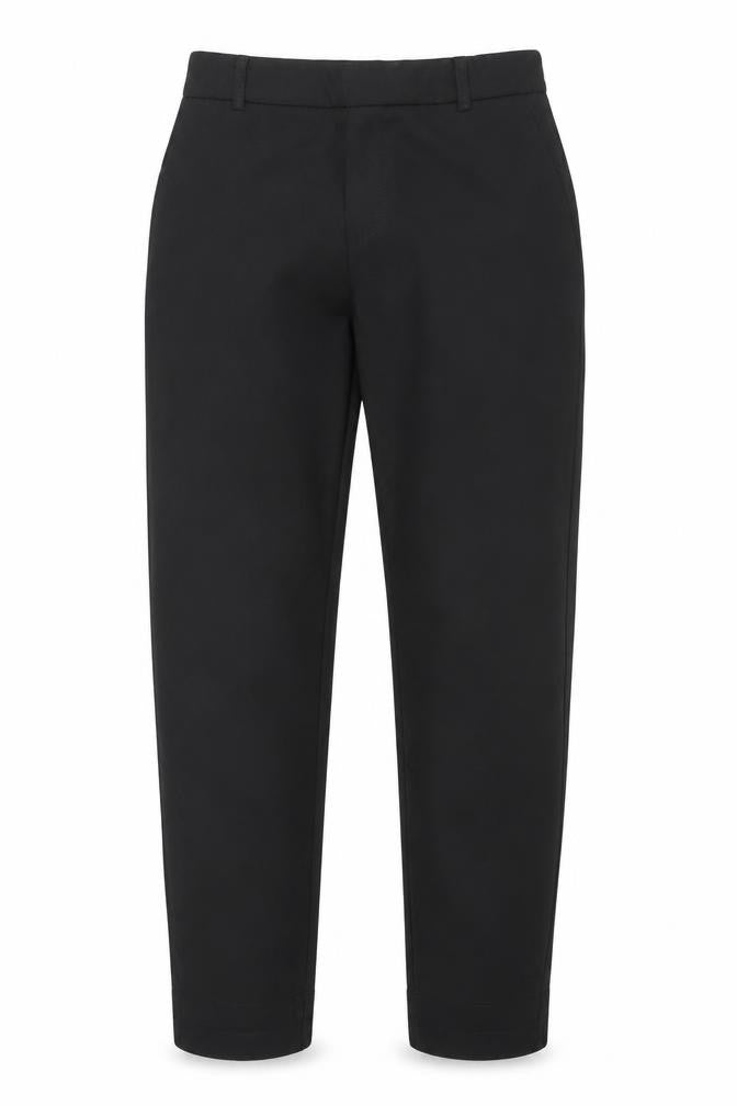 Front view of STUDIO women’s black regular fit tapered polyester stretch trousers, size UK 12