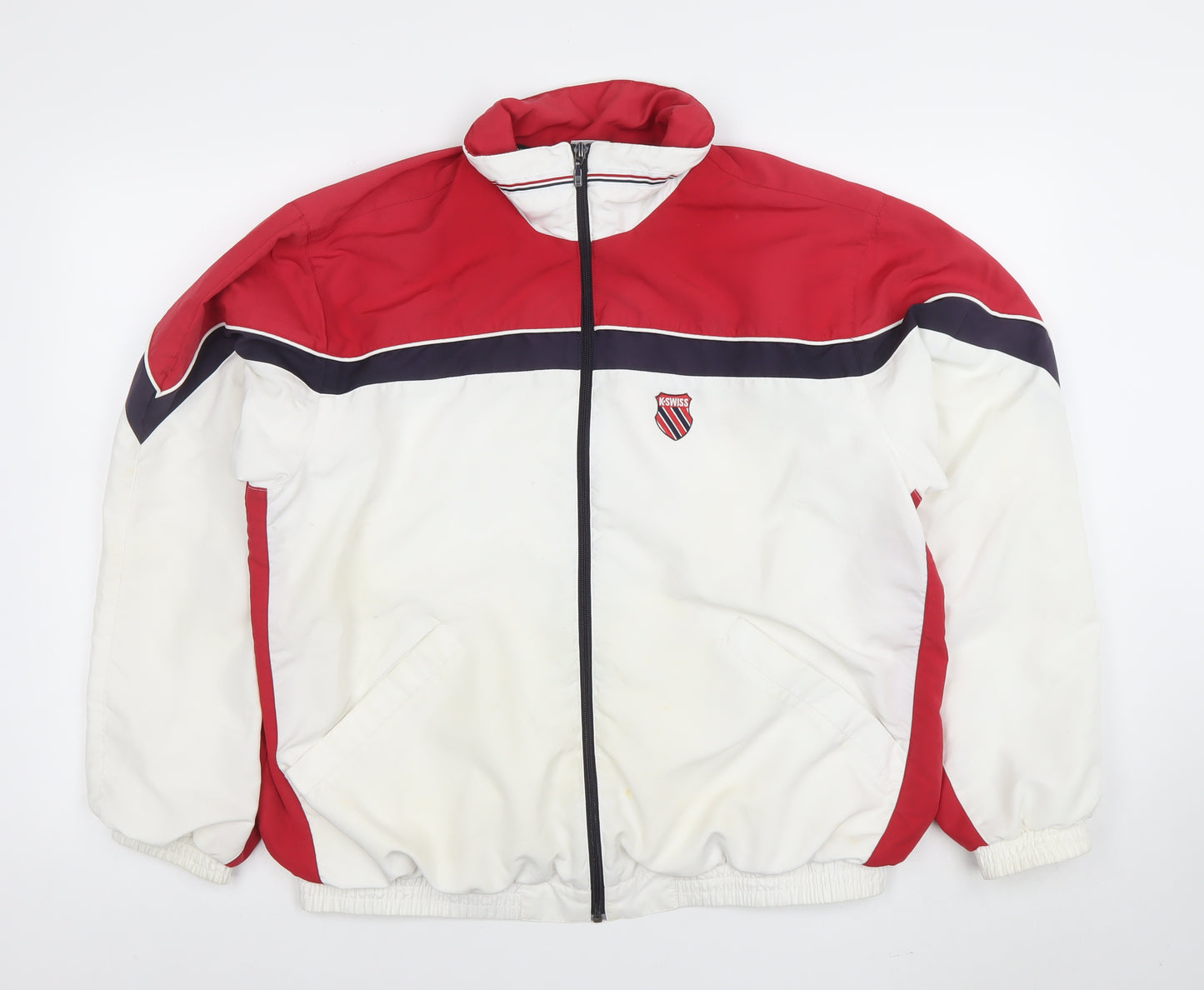 K-Swiss Men’s White Red Retro Bomber Jacket Size M With Logo Zip
