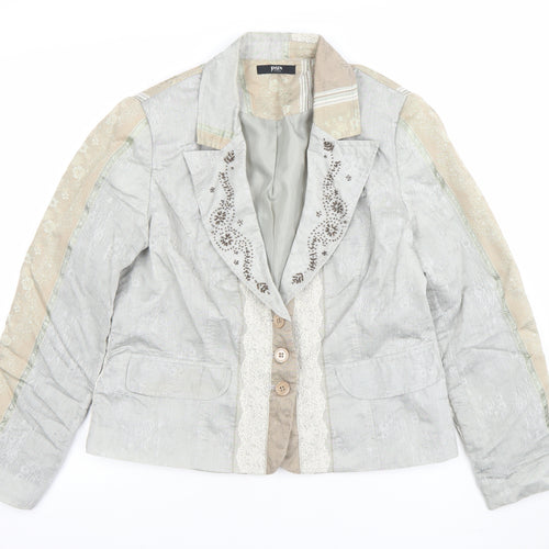Jensen Women Beige Floral Cotton Blend Lined Single Breasted Blazer Size 14