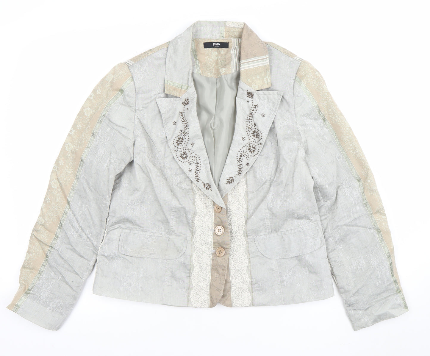 Jensen Women Beige Floral Cotton Blend Lined Single Breasted Blazer Size 14