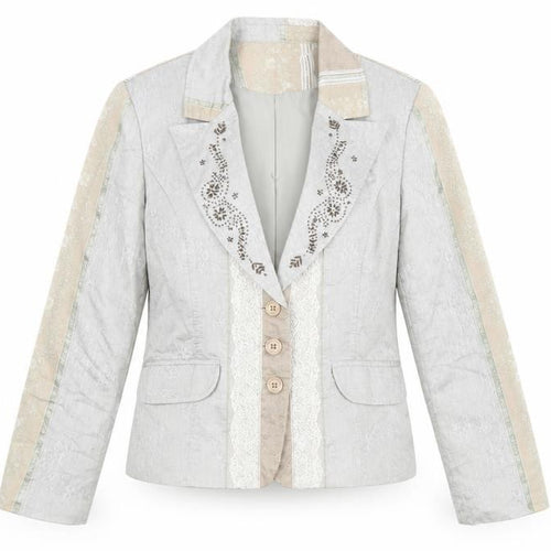 Jensen Women Beige Floral Cotton Blend Lined Single Breasted Blazer Size 14