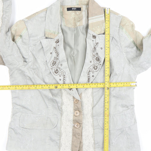 Jensen Women Beige Floral Cotton Blend Lined Single Breasted Blazer Size 14