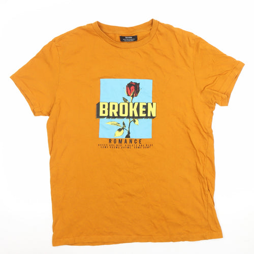 Bershka Men’s Orange Broken Romance Graphic Cotton T-Shirt XS