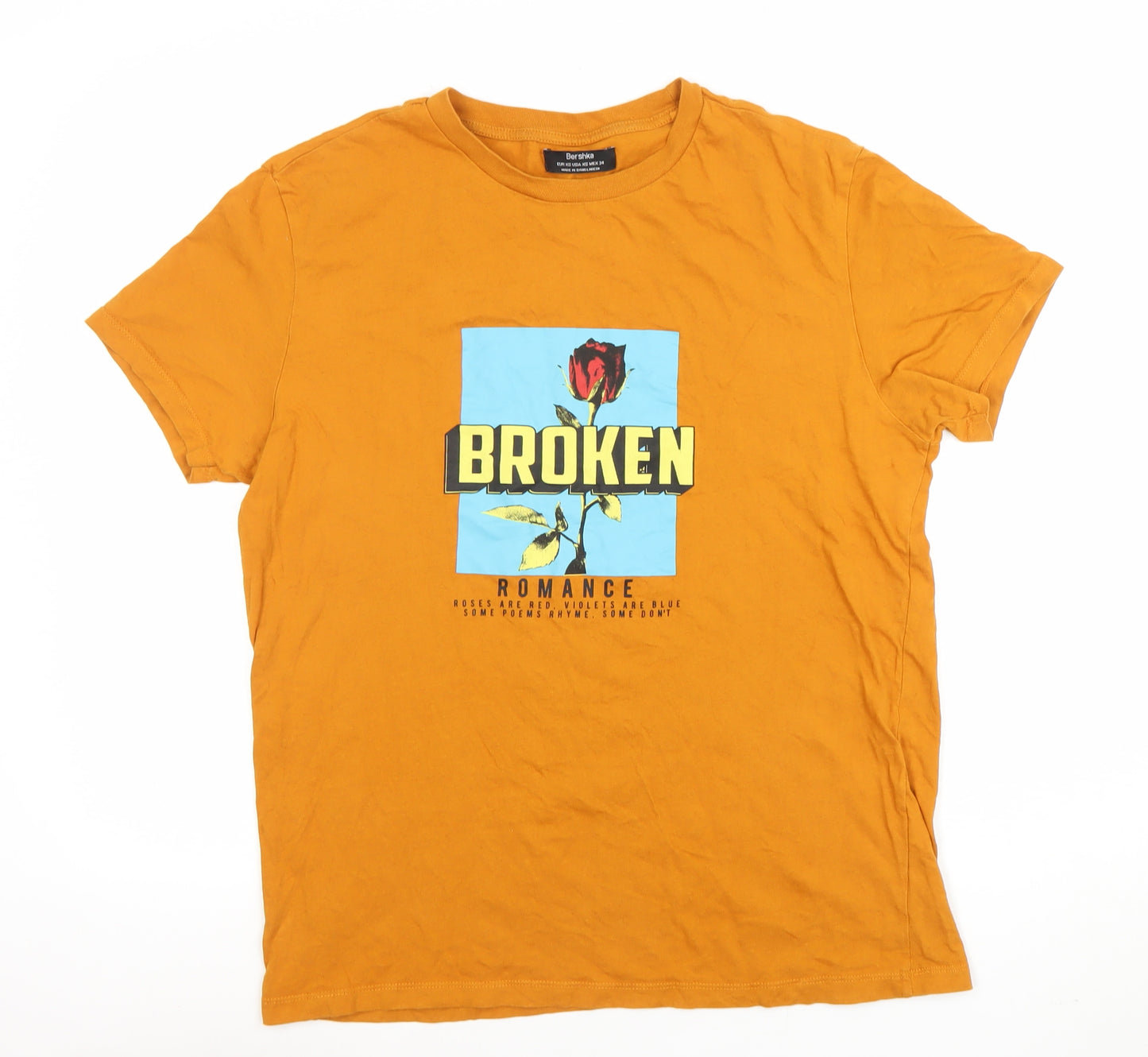 Bershka Men’s Orange Broken Romance Graphic Cotton T-Shirt XS