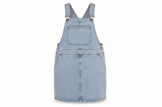 Front view of NEVA Women Blue Denim Halter Pinafore Short Dress, size M