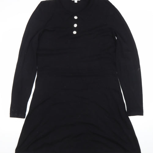 Warehouse Women Black Collared Knit A-Line Long Sleeve Dress Size 16