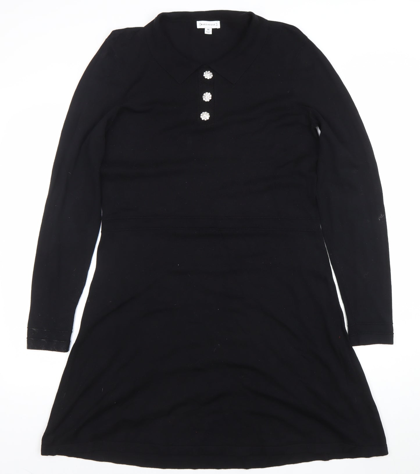 Warehouse Women Black Collared Knit A-Line Long Sleeve Dress Size 16