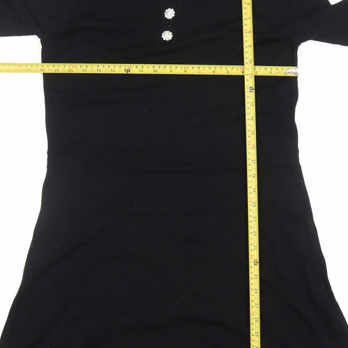 Warehouse Women Black Collared Knit A-Line Long Sleeve Dress Size 16