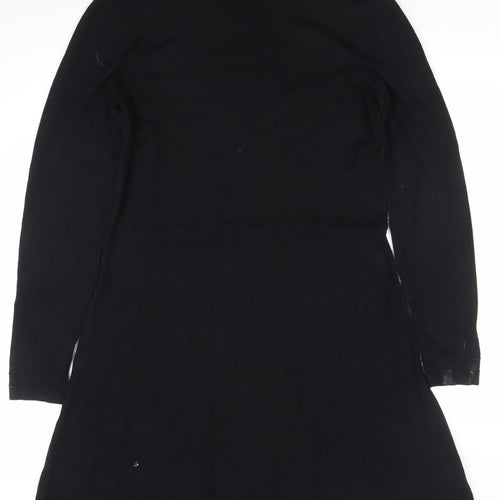 Warehouse Women Black Collared Knit A-Line Long Sleeve Dress Size 16