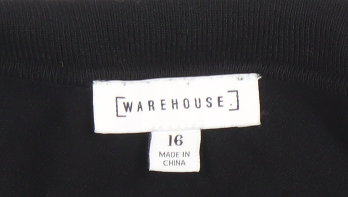 Warehouse Women Black Collared Knit A-Line Long Sleeve Dress Size 16