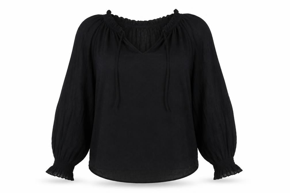 Front view of H&M Women Black Long Sleeve Blouse, size 10, Viscose Boho Style