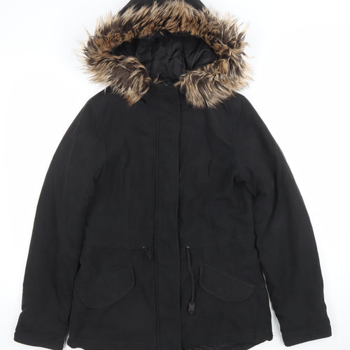 ONLY Women's Black Faux Fur Trim Hooded Parka Jacket Size S