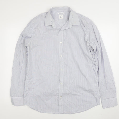 GAP Men's Blue Striped Non-Iron Stretch Cotton Long Sleeve Shirt L