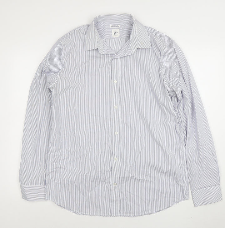 GAP Men's Blue Striped Non-Iron Stretch Cotton Long Sleeve Shirt L
