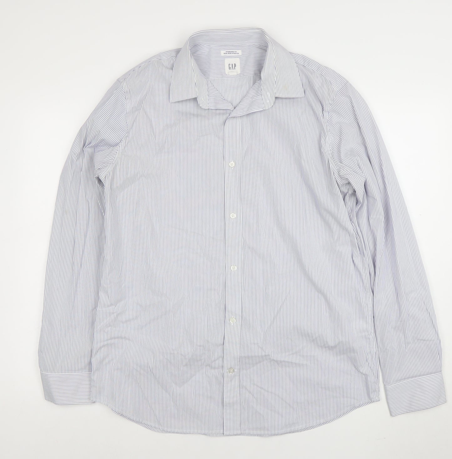 GAP Men's Blue Striped Non-Iron Stretch Cotton Long Sleeve Shirt L