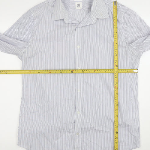 GAP Men's Blue Striped Non-Iron Stretch Cotton Long Sleeve Shirt L