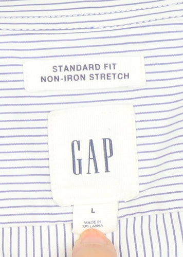 GAP Men's Blue Striped Non-Iron Stretch Cotton Long Sleeve Shirt L