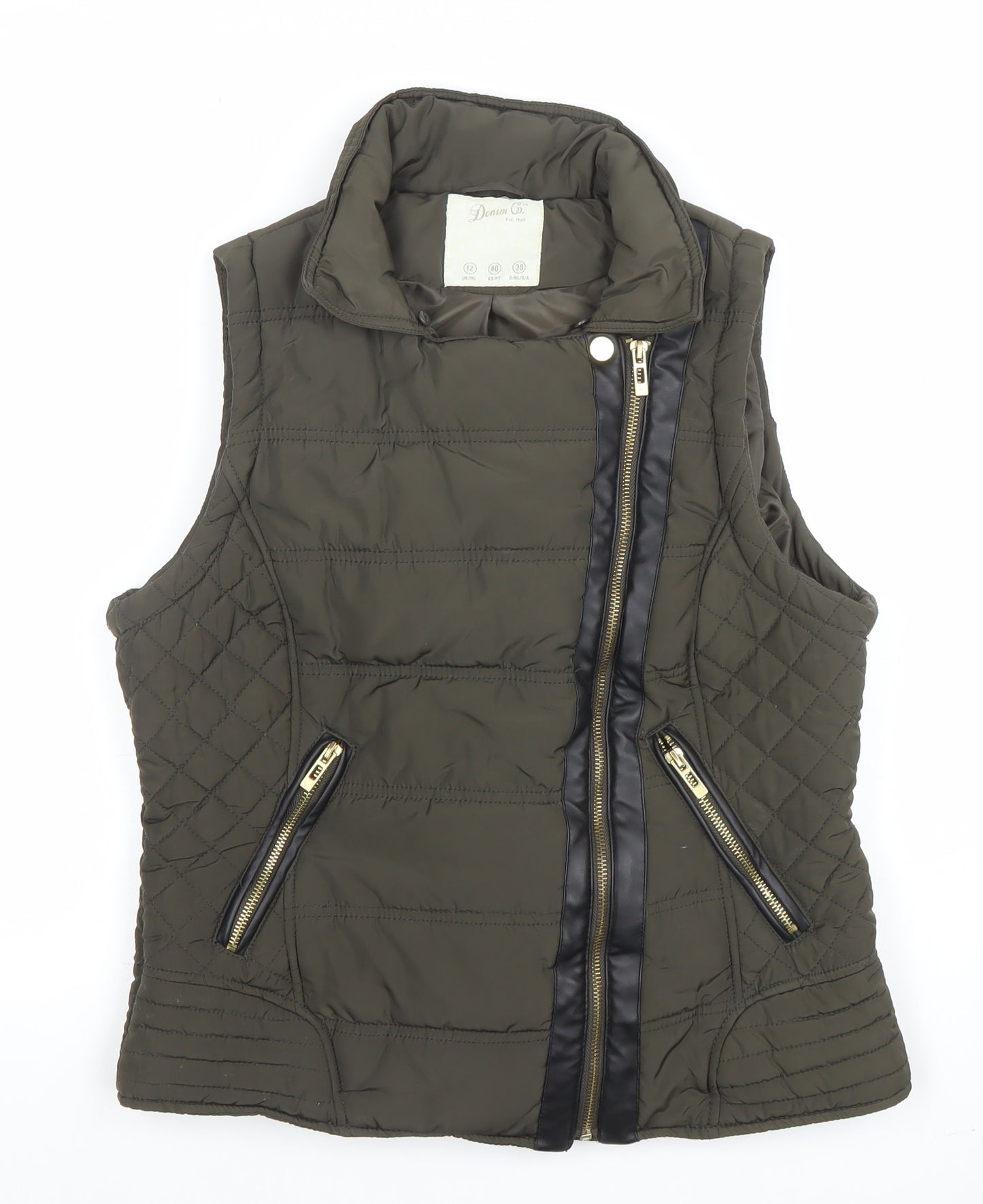 Denim Co Women Khaki Quilted Waistcoat Size 12 Zip Padded Vest