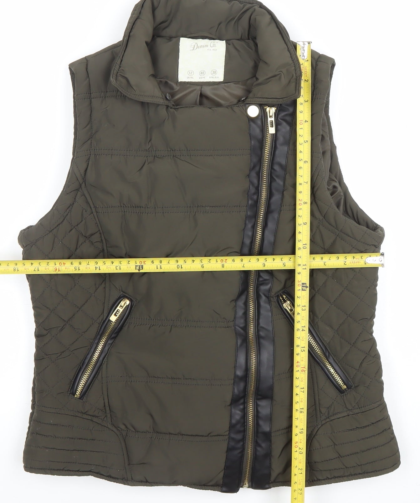 Denim Co Women Khaki Quilted Waistcoat Size 12 Zip Padded Vest