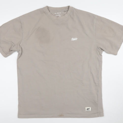 Pull&Bear Men’s Beige Relaxed Fit Cotton Logo T-Shirt Size S
