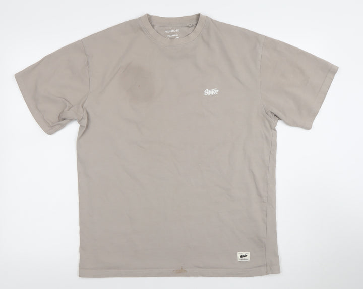 Pull&Bear Men’s Beige Relaxed Fit Cotton Logo T-Shirt Size S