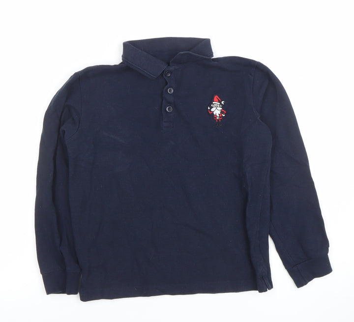 Dunnes Stores Boys Blue Long Sleeve Cotton Polo Shirt 8-9 Years Christmas Santa