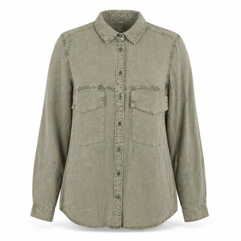 Front view of Sweatwater Plus women’s green cotton button-up shirt m