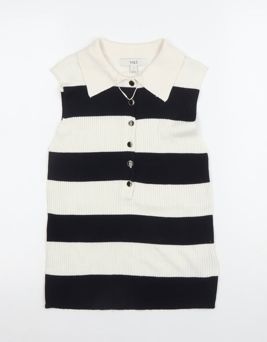 Marks and Spencer Womens Black White Striped Sleeveless Polo Top Size 10