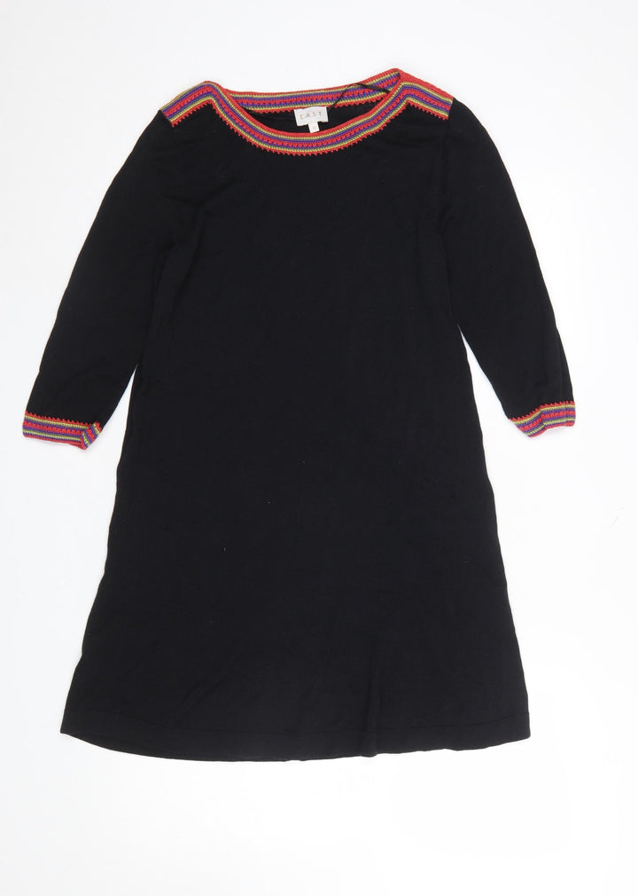EAST Women’s Black Cotton Viscose Bohemian Trim Shift Dress Size 12