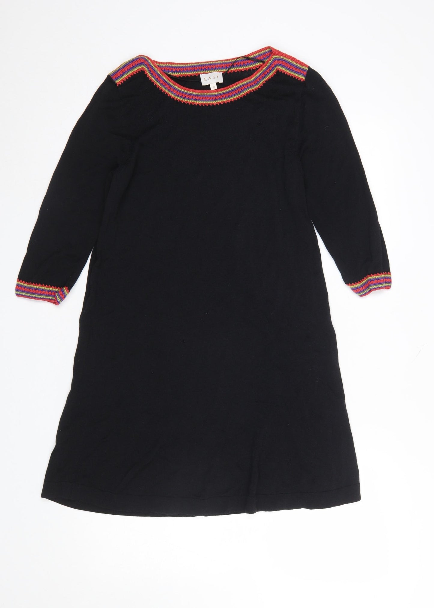 EAST Women’s Black Cotton Viscose Bohemian Trim Shift Dress Size 12