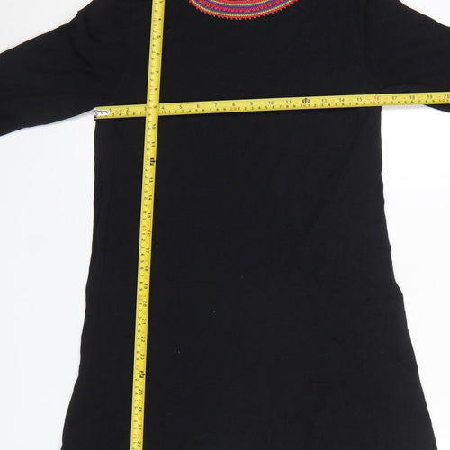 EAST Women’s Black Cotton Viscose Bohemian Trim Shift Dress Size 12