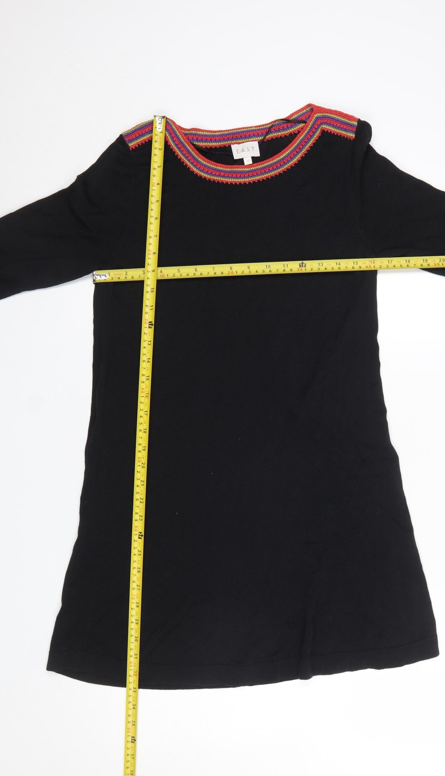 EAST Women’s Black Cotton Viscose Bohemian Trim Shift Dress Size 12