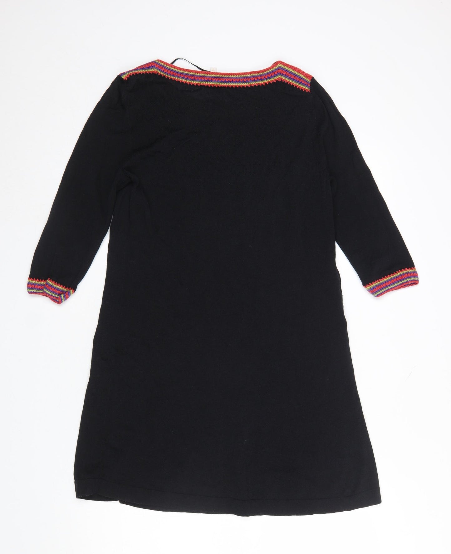EAST Women’s Black Cotton Viscose Bohemian Trim Shift Dress Size 12