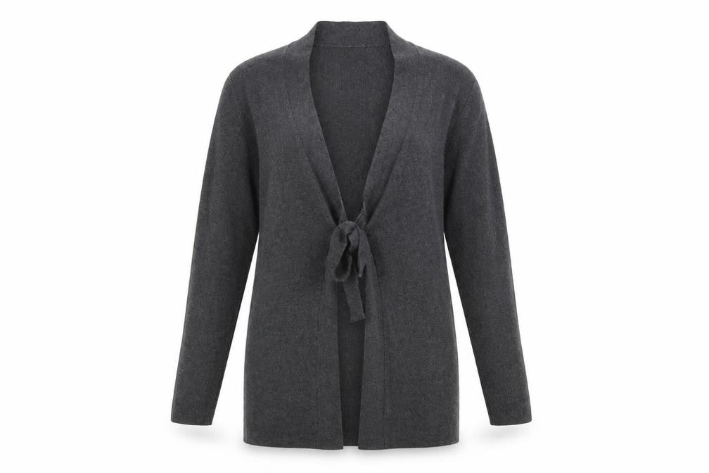 Front view of Monsoon Women’s Grey Knit Tie Front Cardigan, size S