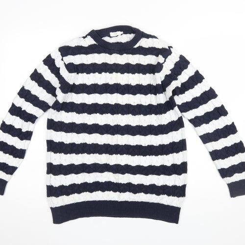 Cotton Traders Women's Blue White Striped Cable Knit Jumper M