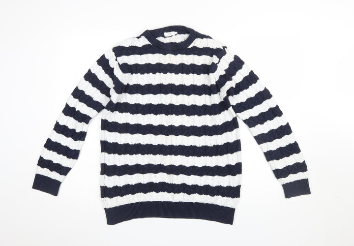Cotton Traders Women's Blue White Striped Cable Knit Jumper M